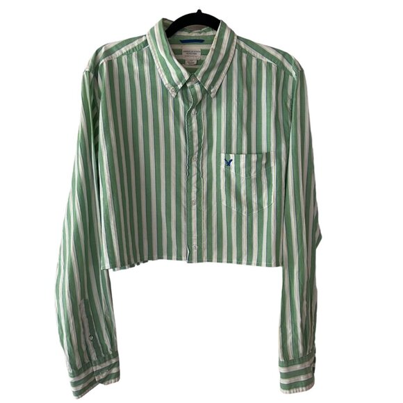 Cropped American Eagle Button Down Shirt Large Green Stripe Custom Preppy - Picture 1 of 7
